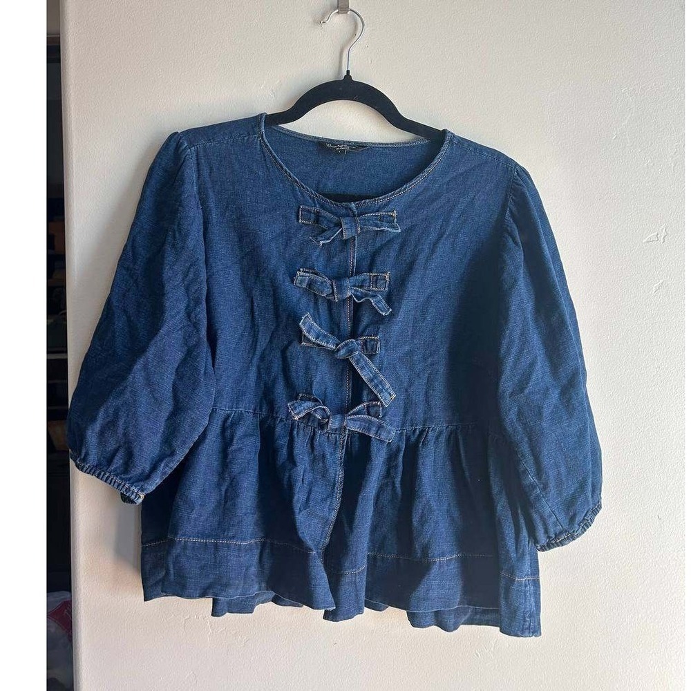 Velvet Heart LA Denim Bow Tie Peplum Blouse Cottagecore Y2K L Euro Summer